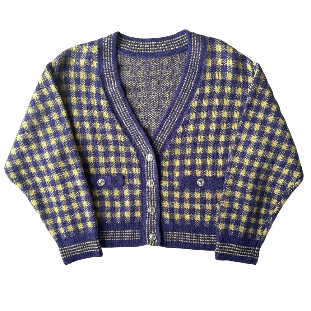 Check Tweed Yellow Purple Fuzzy Knit Cardigan V-Neck Button Front Sweater